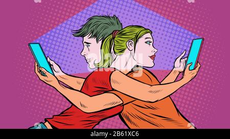 Notion de solitude dans les réseaux sociaux. Un couple de jeunes hommes et une fille avec des smartphones Illustration de Vecteur