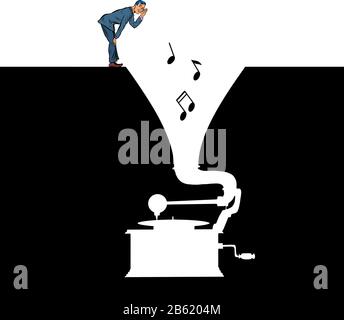Musique. Un homme écoute un vieux gramophone de vinyle Illustration de Vecteur