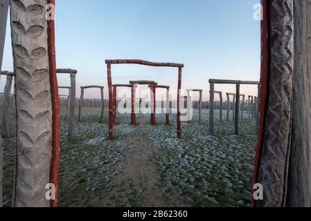 22 janvier 2019, Saxe-Anhalt, Pömmelte: Vue sur le sanctuaire de l'anneau Pömmelte. Les archéologues appellent le Ring fossé le Stonehenge allemand. Photo : Stephan Schulz/dpa-Zentralbild/ZB Banque D'Images