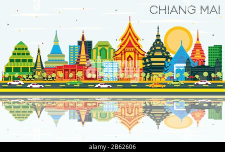 Chiang Mai Thaïlande City Skyline Avec Bâtiments Couleur, Ciel Bleu Et Réflexions. Illustration Vectorielle. Concept De Voyage Et De Tourisme. Illustration de Vecteur