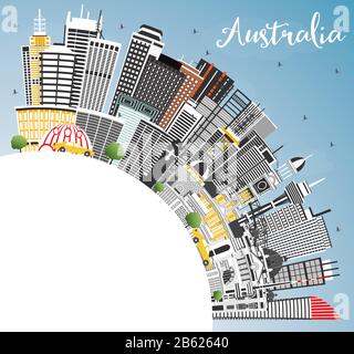 Australie City Skyline Avec Gray Buildings, Blue Sky Et Copy Space. Illustration Vectorielle. Concept De Tourisme Avec Architecture Historique. Australie. Illustration de Vecteur