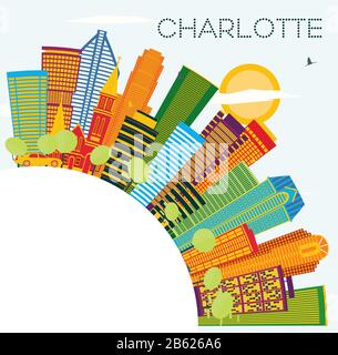 Charlotte North Carolina City Skyline Avec Bâtiments Couleur, Ciel Bleu Et Espace Copie. Illustration Vectorielle. Concept De Voyages D'Affaires Et De Tourisme. Illustration de Vecteur