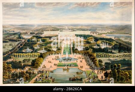 Vue imprenable sur le château de Versailles, France, et ses jardins, lithographie d'une peinture de Jacques Testard, 1856 Banque D'Images