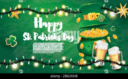 Bannière Festive Saint Patricks Day Avec Des Vins Dorés Remplis De Pot, Du Verre De Bière, Un Chapeau De Tête Vert Et Shamrock. Illustration Vectorielle. Brochure Avec Espace De Copie. Illustration de Vecteur
