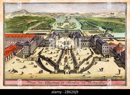 Vue imprenable sur le château et le jardin de Versailles, imprimé par Jan Van Vianen, 1735 Banque D'Images