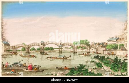 Vue sur le premier pont Hampton court de l'autre côté de la Tamise entre Hampton et East Molesey, imprimé du XVIIIe siècle, 1752-1805 Banque D'Images