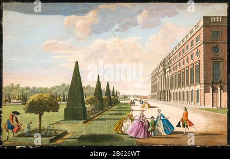 Vue perspective de la façade est du palais de Hampton court avec la longue promenade et une partie des jardins formels, imprimé par John Tinney, Anthony Highmore, 1744 Banque D'Images