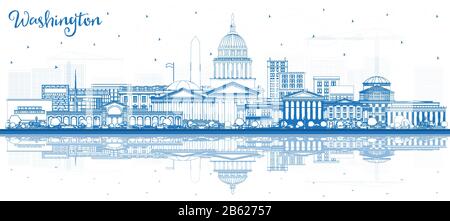 Contours Washington DC USA City Skyline avec Blue Buildings and Reflections. Illustration Vectorielle. Illustration de Vecteur