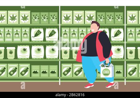 homme transportant un sac de shopping avec des produits cbd magasin moderne de cannabis intérieur légalisation de la marijuana drogues consommation concept horizontal pleine longueur illustration vectorielle Illustration de Vecteur