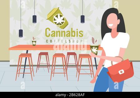 femme souriante avec café de cannabis café moderne café intérieur légalisation de la marijuana drogues consommation concept portrait horizontal illustration vectorielle Illustration de Vecteur