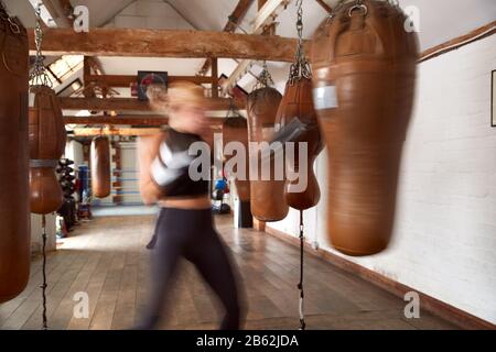 Action Shot Of Male And Féminin Boxers In Gym Training With Leather Punch Sacoches Banque D'Images