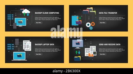 Ensemble de modèles de création de bannières Internet pour les sites Web, le marketing Internet et les affaires. Sauvegarde du Cloud computing, sauvegarde des données des ordinateurs portables, envoi et réception Illustration de Vecteur