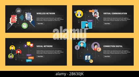 Ensemble de modèles de création de bannières Internet pour les sites Web, le marketing Internet et les affaires. Réseau sans fil, communication virtuelle, réseau social, conn Illustration de Vecteur