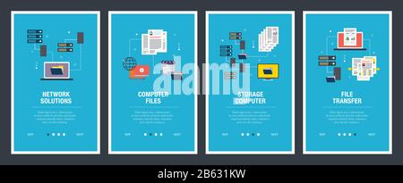 Vector set de bannières web vertical avec Network Solutions, fichiers informatiques, de stockage et de transfert de fichiers de l'ordinateur. Vector Modèle de page pour le site web et Illustration de Vecteur