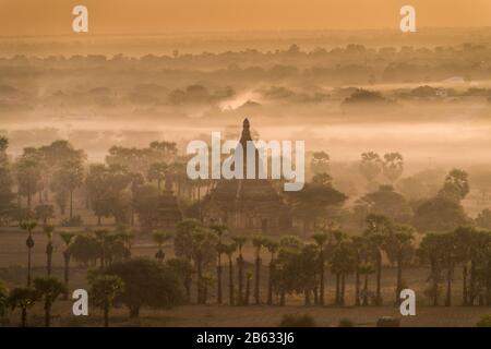 Montgolfière au-dessus du paysage avec les temples de Bagan, Myanmar, Asie. Banque D'Images