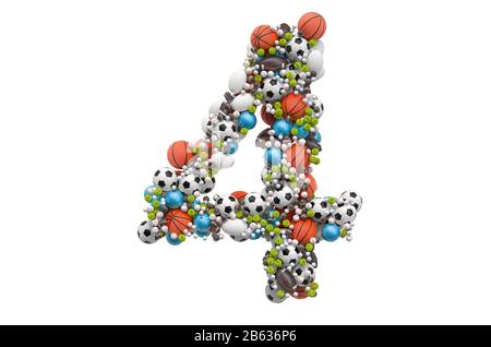 Numéro 4 des balles de jeu de sport, rendu tridimensionnel isolé sur fond blanc Banque D'Images