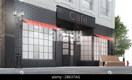 Café ou café. Extérieur d'un bâtiment près de la route. La vue de la rue est un banc avec une poubelle, des lumières de rue, un poteau et un Banque D'Images