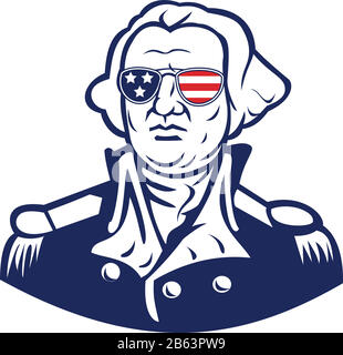 Icône mascotte illustration de la tête du président américain et père fondateur, George Washington portant des lunettes de soleil avec des étoiles de drapeau américain et des bandes d'affichage Illustration de Vecteur