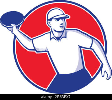 Icône mascotte illustration d'un joueur de golf à disques jetant une boule plate ou un jeu de cisbee à l'intérieur de la forme de cercle vue de côté sur un arrière-plan isolé dans le ret Illustration de Vecteur