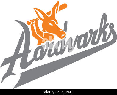 Illustration de l'icône mascotte d'un joueur de base-ball aardvark avec batting de chauve-souris avec le texte de script 'Aardvarks' vu de côté sur un arrière-plan isolé en rétro Illustration de Vecteur