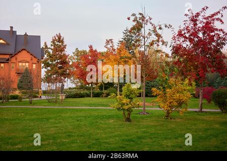 Maison en bois de luxe avec pelouse bien entretenue sur la cour. Banque D'Images