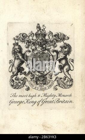 Armoiries et écusson du monarque le plus haut et le plus puissant du roi George I de Grande-Bretagne, 1660-1727. Gravure de Copperplate par Andrew Johnston après C. Gardiner de Notitia Anglicana, Shwing the Réalisations of all the English Noblesse, Andrew Johnson, The Strand, Londres, 1724. Banque D'Images