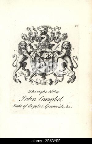 Armoiries et écusson du noble droit John Campbell, deuxième duc d'Argyll et de Greenwich. 1680-1743. Gravure de Copperplate par Andrew Johnston après C. Gardiner de Notitia Anglicana, Shwing the Réalisations of all the English Noblesse, Andrew Johnson, The Strand, Londres, 1724. Banque D'Images