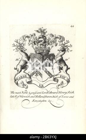 Armoiries et écusson de Lord Edward Henry Rich, 7ème comte de Warwick et de Hollande, Baron riche de Leeze et Kensington, 1698-1721. Gravure de Copperplate par Andrew Johnston après C. Gardiner de Notitia Anglicana, Shwing leurs réalisations de toute la Noblesse anglaise, Andrew Johnson, The Strand, Londres, 1724. Banque D'Images