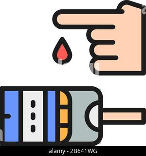Test de glycémie, glucometer, glucose, diabète icône de ligne de couleur plate. Illustration de Vecteur