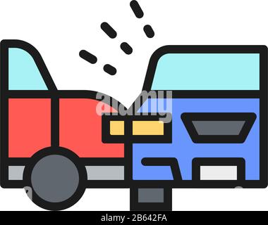 Accident, collision latérale avec deux automobiles, icône de ligne de couleur plate de collision de voiture. Illustration de Vecteur