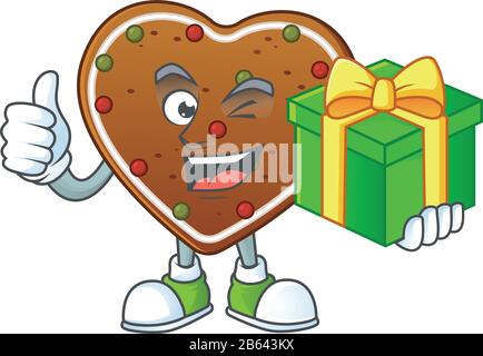 Gingeraie gingerbread amour personnage de dessin animé tenant une boîte cadeau Illustration de Vecteur