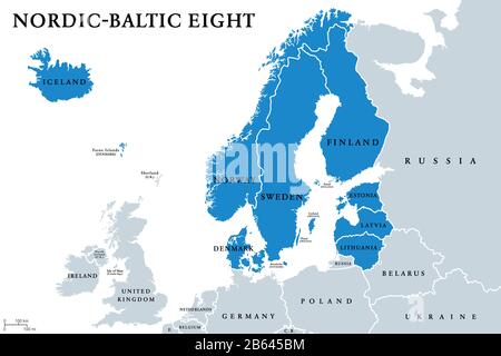 Carte politique des pays nordiques et baltes Huit (NBC 8). Coopération Régionale Du Danemark, De L'Estonie, De La Finlande, De L'Islande, De La Lettonie, De La Lituanie, De La Norvège Et De La Suède. Banque D'Images