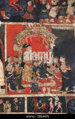 03 Nov 2019, Shravanabelagola, Karnataka, Inde. Peintures mythologiques colorées sur le mur intérieur de Jain Math Banque D'Images