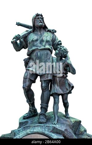 Statue de William Tell et de son fils, héros folklorique médiéval de Suisse sur fond blanc Banque D'Images