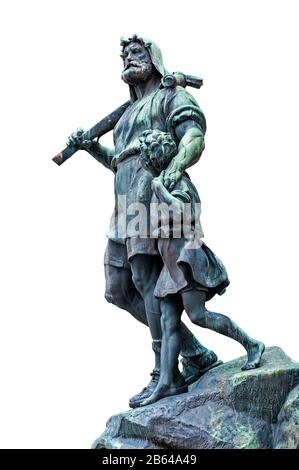 Statue de William Tell et de son fils, héros folklorique médiéval de Suisse sur fond blanc Banque D'Images