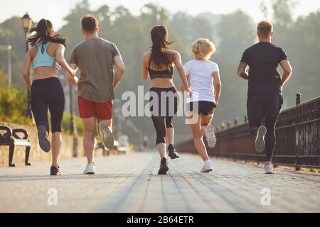 Groupe de coureurs dans le parc dans la matinée. Banque D'Images