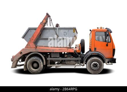 Vue latérale du Camion de benne à déchets industriels isolée sur blanc Banque D'Images