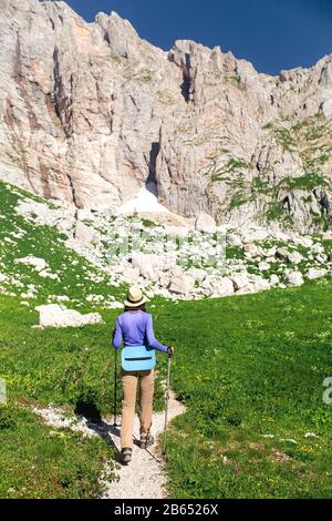 Fille randonneur avec sac à dos et bâtons de randonnée dans une haute montagne Banque D'Images