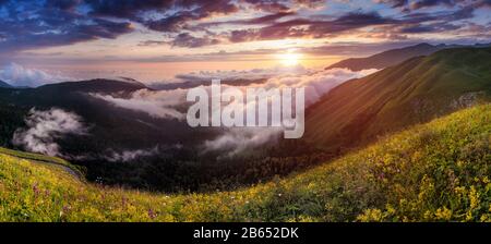 Beau paysage d'été dans les montagnes. Lever du soleil Banque D'Images