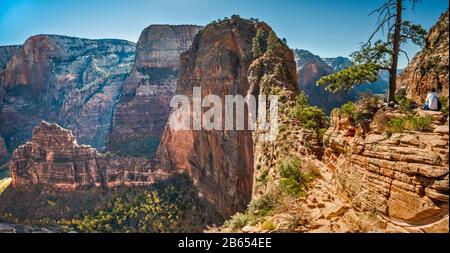 Angels Landing Trail, ascension finale près de Scout Lookout, Zion Canyon sur la gauche, l'orgue ci-dessous, Zion National Park, Utah, États-Unis Banque D'Images