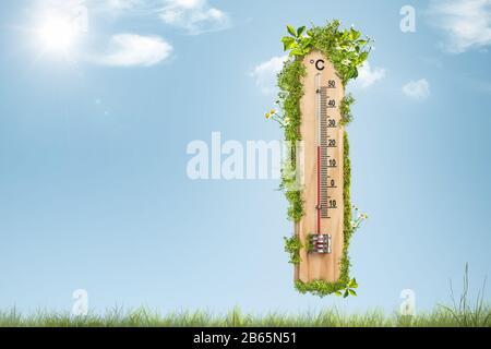 Temps de printemps - thermomètre surcultivé avec des feuilles et des fleurs Banque D'Images