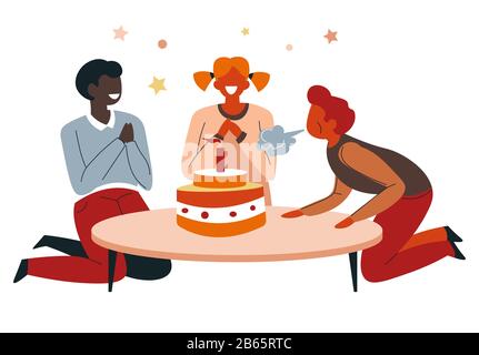 Garçon soufflant des bougies sur le gâteau, fête d'anniversaire, enfants autour de la table Illustration de Vecteur