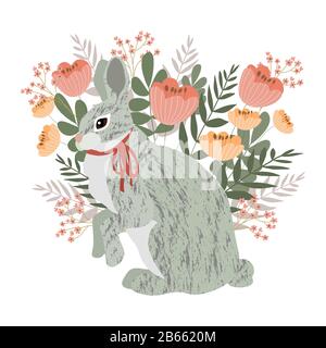 Joli lapin gris sur fond fleuri. Illustration du vecteur de ressort Illustration de Vecteur