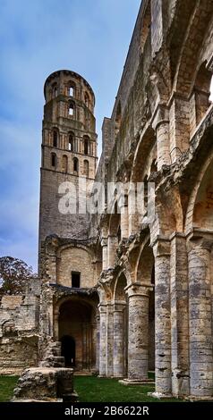 Les ruines de l'abbaye de Jumièges étaient un monastère bénédictin, situé dans la ville de Jumièges, en Normandie, France.en 654, l'abbaye fut fondée sur un don de terre boisée appartenant à la fisc royale présenté par Clovis II et sa reine, Balthild, au noble frankish Filibertus, Qui avait été le compagnon des Saints Ouen et Wandrille à la cour mérovingienne de Dagobert I. Philibert est devenu le premier abbé Banque D'Images