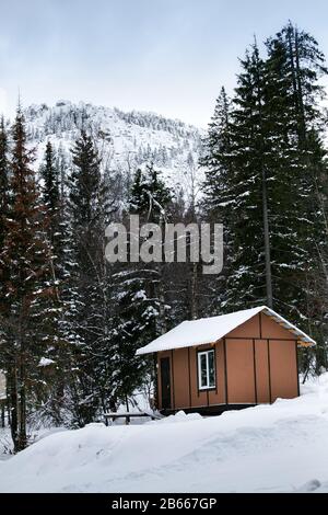 une petite maison en bois d'un abri touristique ou d'une auberge dans une forêt enneigée Banque D'Images