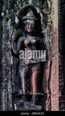 Cambodge-Angkor Ta ProhmSandstone sculpture d'Apsara Devata. Un Apsara ou Apsarasa est un esprit féminin des nuages et des eaux dans la mythologie hindoue et bouddhiste. Deva est le terme hindou de déité, devatas sont une sorte de plus petits devas plus concentrés Banque D'Images