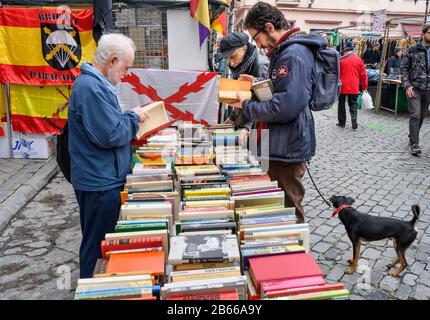 Les chasseurs de bonnes affaires parcourent des livres dans le marché aux puces de Rastro autour de la Plaza de Cascorro entre la Latina et Embajadores, Madrid, Espagne. Banque D'Images