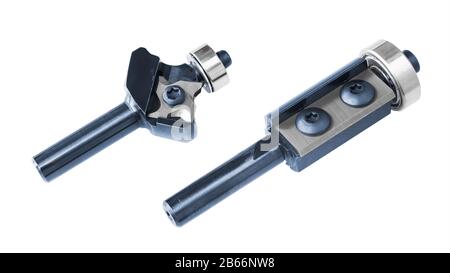 Embouts de routeur à queue de copie pour travaux de bois. Deux fraises à découper ou à modeler avec roulement et lame droite ou avec couteaux remplaçables à 4 arêtes. Banque D'Images