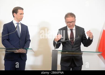 Vienne, Autriche. 10th mars 2020. Conférence de presse, nouvelles mesures sur le virus corona à la Chancellerie fédérale de Vienne avec le Chancelier fédéral Sebastian Kurz (L) et le Ministre de la Santé Rudolf Anschober (R). Credit: Franz PERC / Alamy Live News Banque D'Images