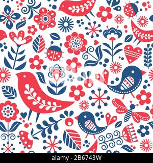 L'art folklorique scandinave est un modèle sans couture avec des oiseaux, des fleurs, un motif textile joyeux inspiré de la broderie traditionnelle de Suède, Norvège Illustration de Vecteur